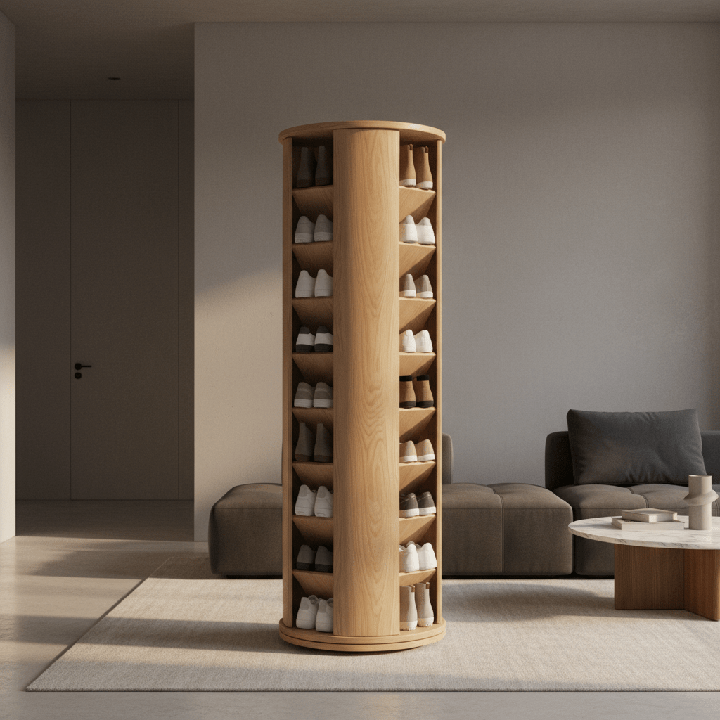 Ash wood shoe organizer tower with angled shelves, gently revealing shoes with a smooth spin.