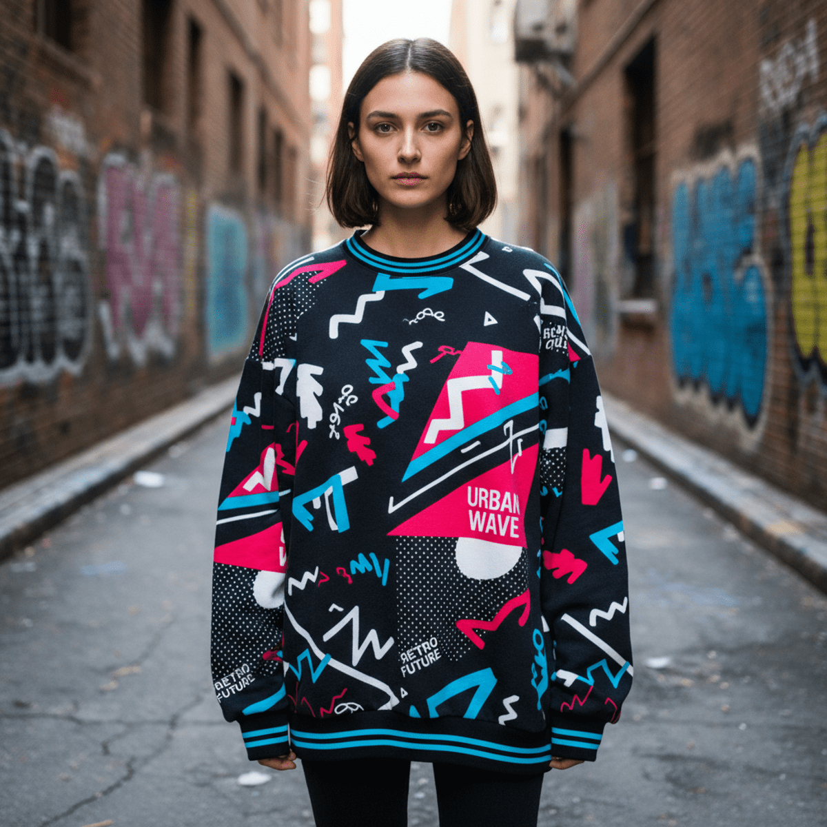 Oversized 1980s-inspired sweatshirt with vibrant retro prints in a graffiti alley.