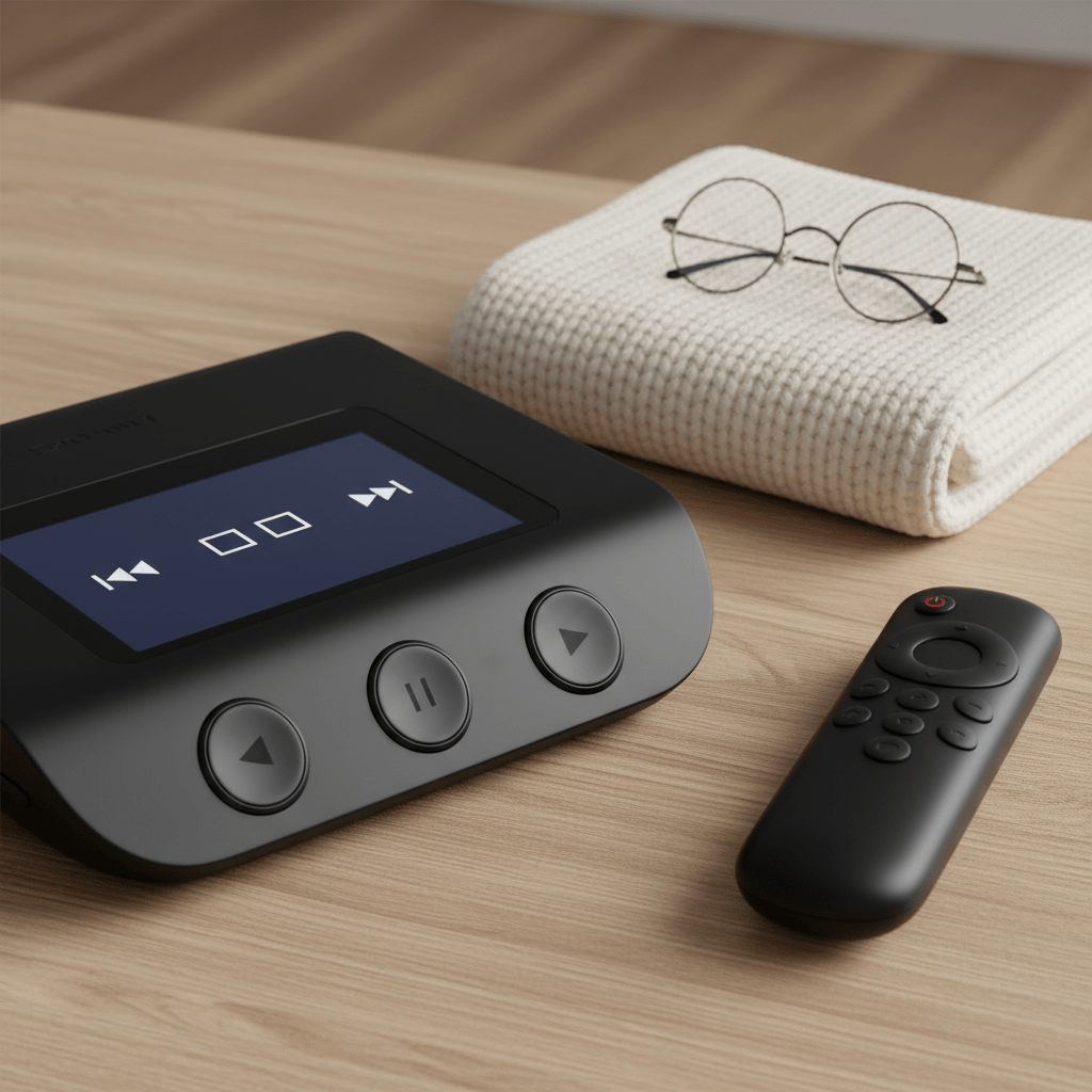 Portable DVD player on oak desk with reading glasses and remote control.