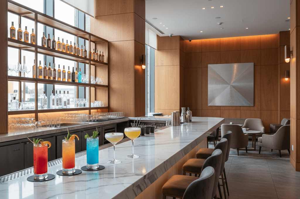 Stylish bar interior with cocktail display under natural light, designed to attract attention and drive online engagement