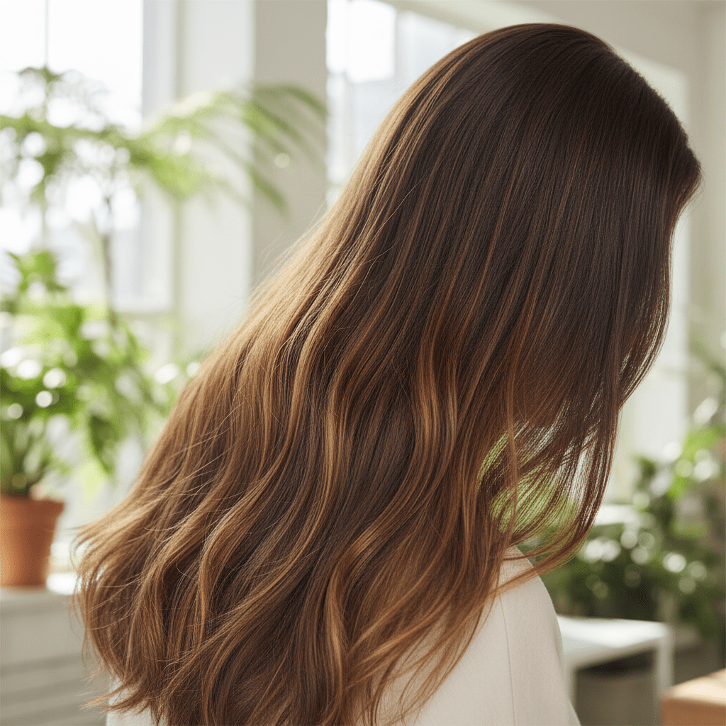 Close-up of long brunette hair with sun-kissed highlights and natural shine.