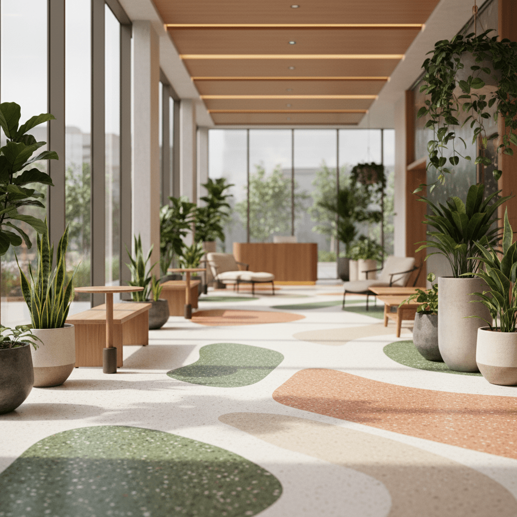 Modern lobby with biophilic terrazzo flooring featuring large nature-inspired stone aggregates.