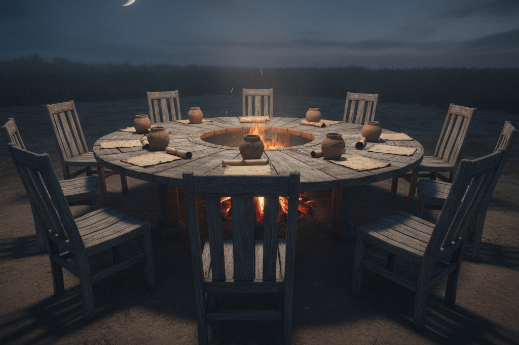 Outdoor tribal council area with empty chairs, parchment papers, and voting jars under firelit ambiance, representing business strategy dynamics
