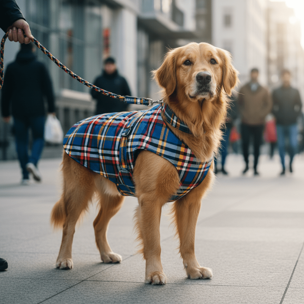 Fashionable dog in vibrant Ghana plaid coat on urban street with diffused daylight.