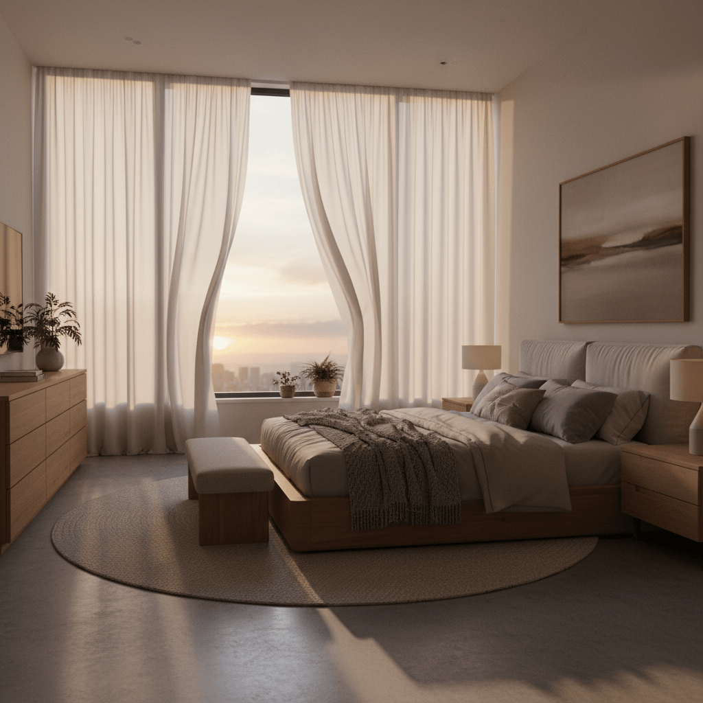 Serene modern bedroom with floor-to-ceiling windows and flowing ivory curtains revealing sunrise.