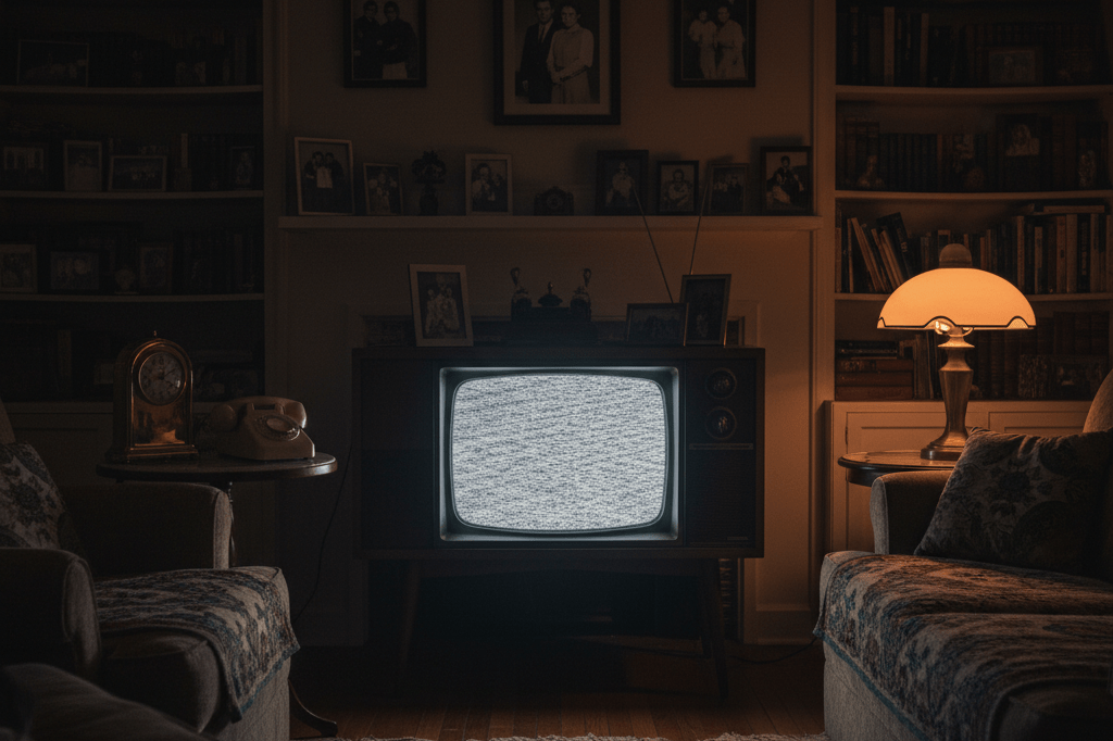 Dimly lit living room with vintage TV, rotary phone, and family photos under ambient light, evoking cross-generational narratives