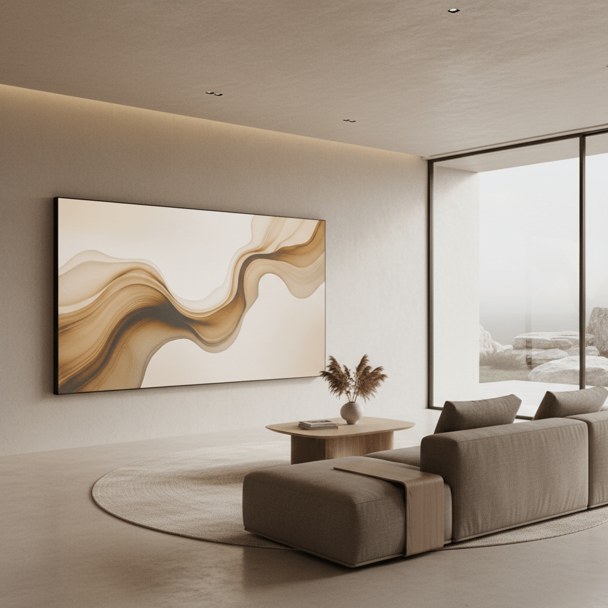 Luxurious minimalist living room with a seamless microLED wall displaying ambient art textures.