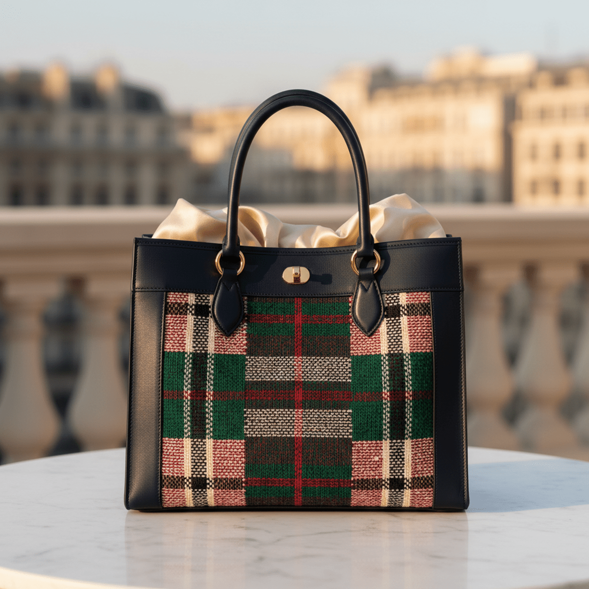 Luxury navy calfskin tote reimagined from Ghana must go pattern, with plaid panels.