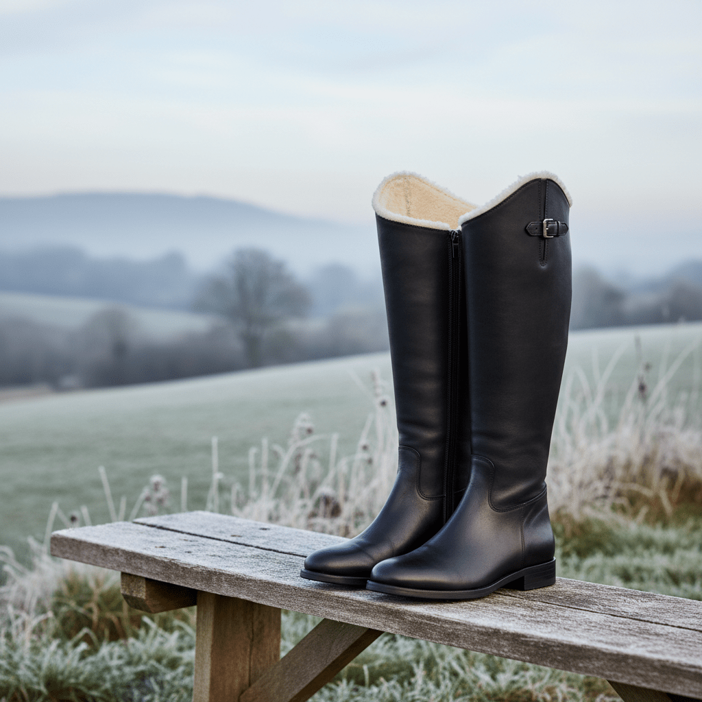 Elegant fur-lined riding boots on rustic bench Luxurious black leather equestrian boots with fur lining rest on a rustic bench.