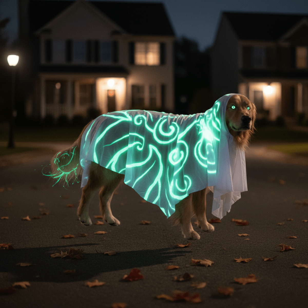 Dog in glow-in-the-dark ghost costume on suburban street at night.
