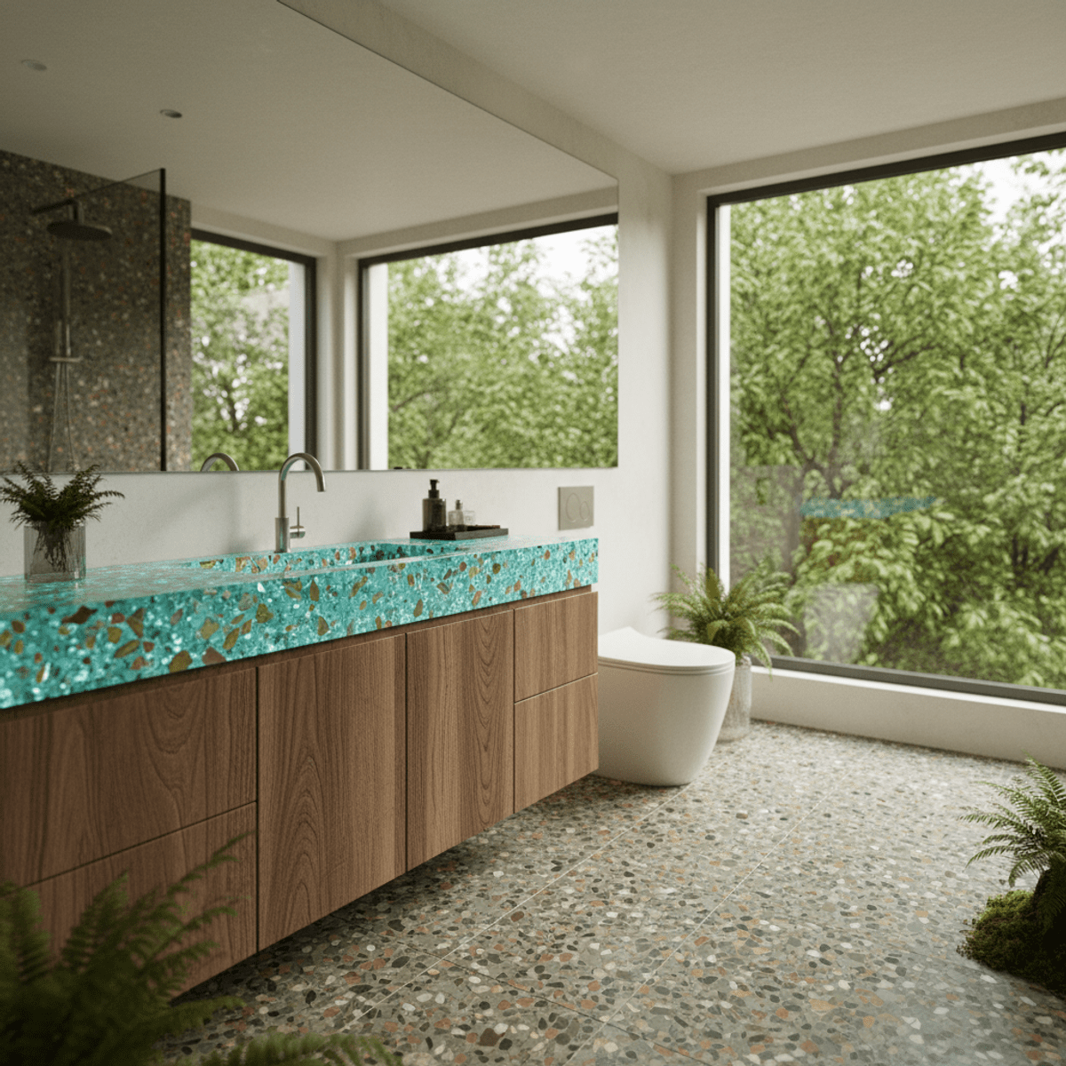 Eco-luxury bathroom with natural textures and soft lighting. Spacious eco-luxury bathroom with recycled glass and terrazzo flooring.