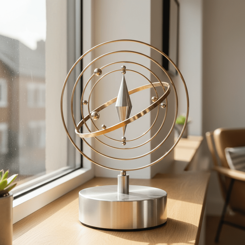 Solar kinetic sculpture with rotating polished metal rings. Polished metal rings of a solar kinetic sculpture rotate on a brushed aluminum base.