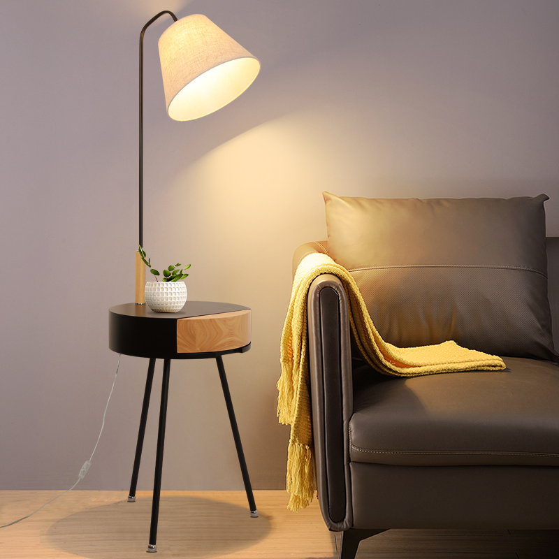 New Arrival LED Floor Light Tea Table Furniture with Solid Wood Drawer Modern Standing Light Floor lamps with USB for Bedside