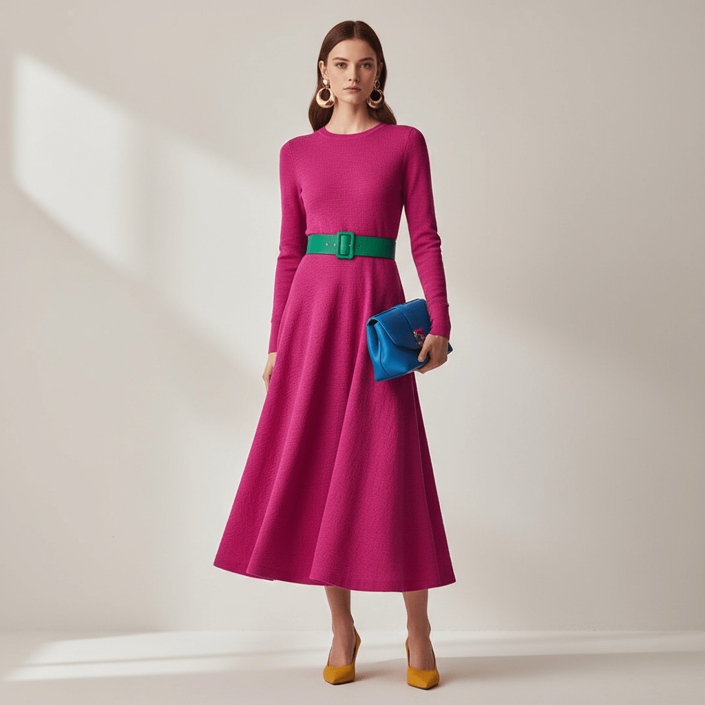 Model in fuchsia cotton knit dress with emerald belt and cobalt handbag.