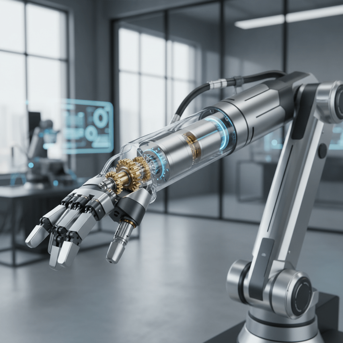 Robotic arm with ultra-compact electric oil pump cutaway Cutaway view of a robotic arm with an ultra-compact electric oil pump and micro-gear system.