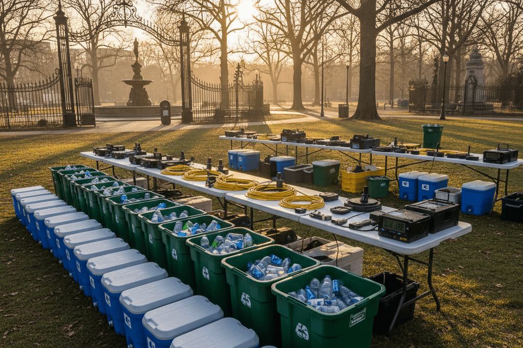 Wide view of organized hydration stations, recycling bins, and timing gear set up outdoors under natural morning light