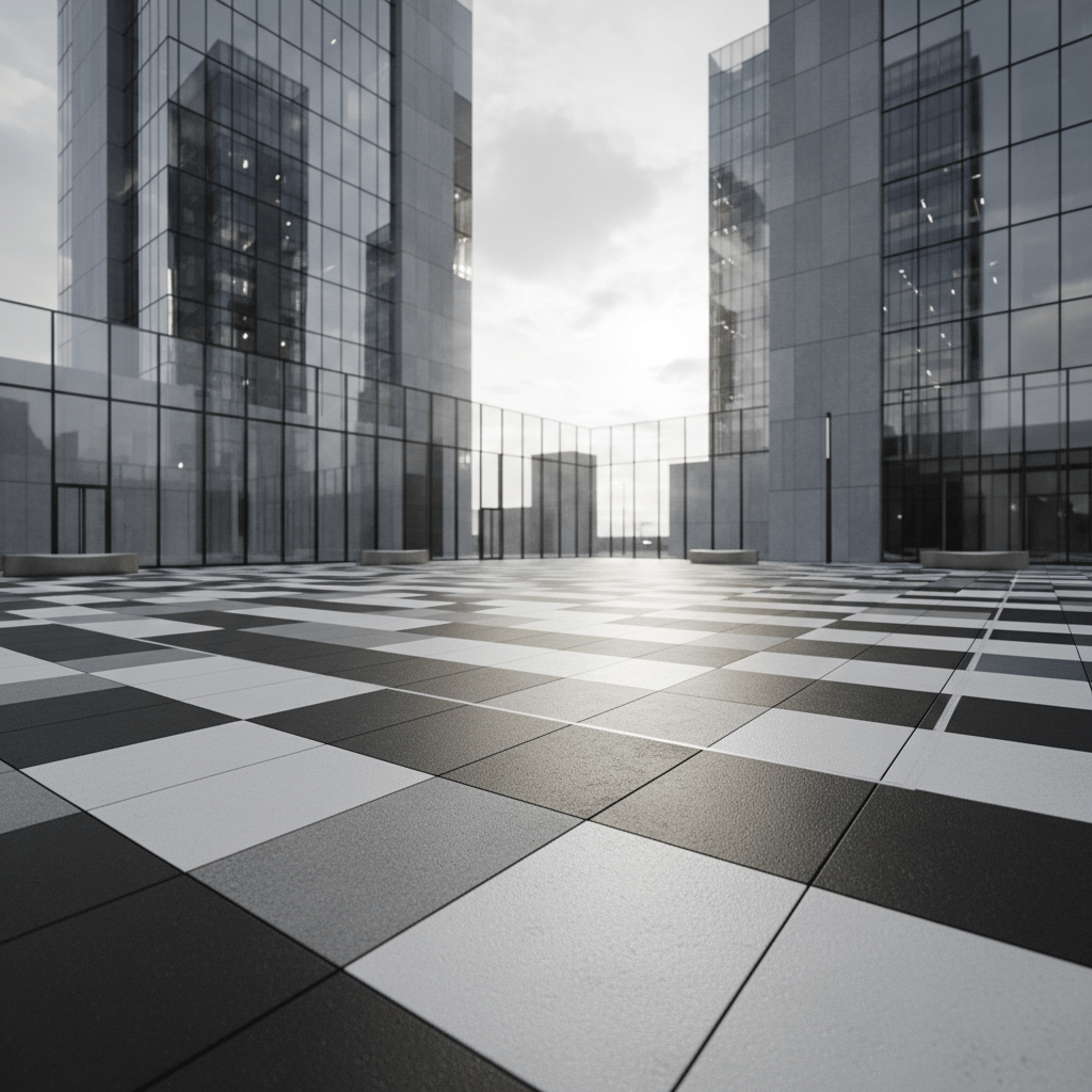 Outdoor sport court with minimalist monochrome geometric tiles and modern architecture.