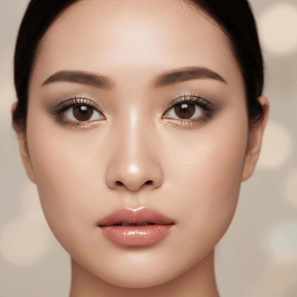 Young woman with a soft, puffy 'Aegyo Sal' doe-eye look and peachy glitter.