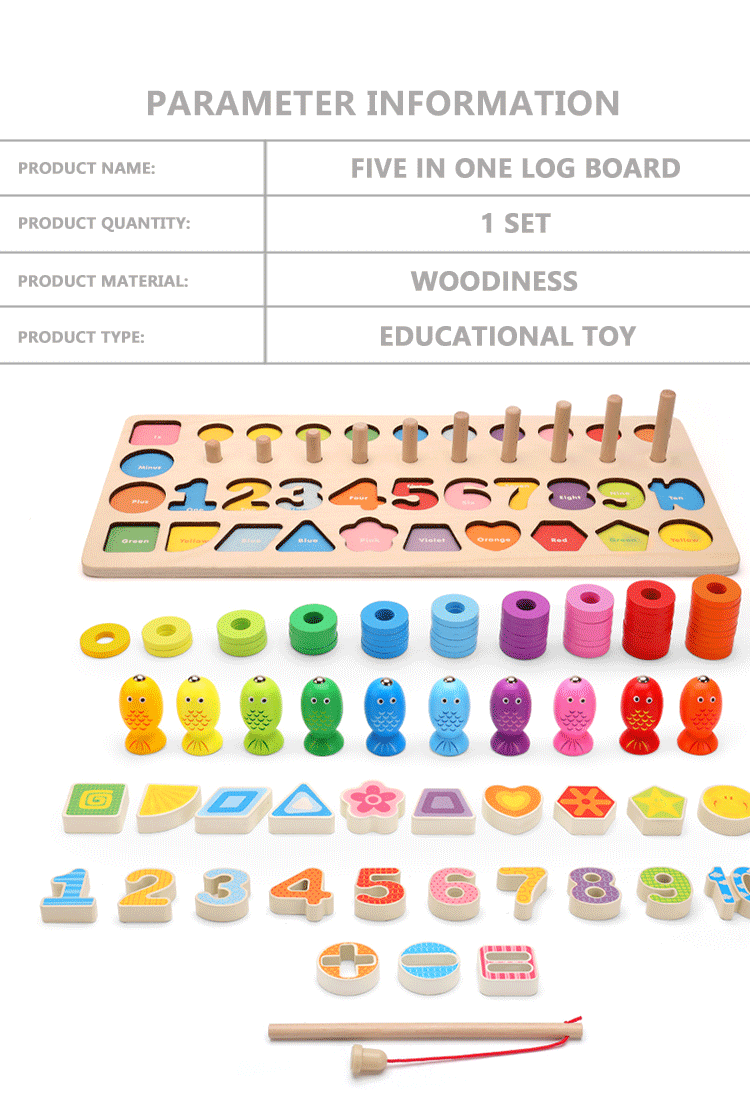 Wholesale Colorful Montessori Five-In-One Wooden Fishing Digital Shape Matching Toys New Design Kids Early Educational Toys