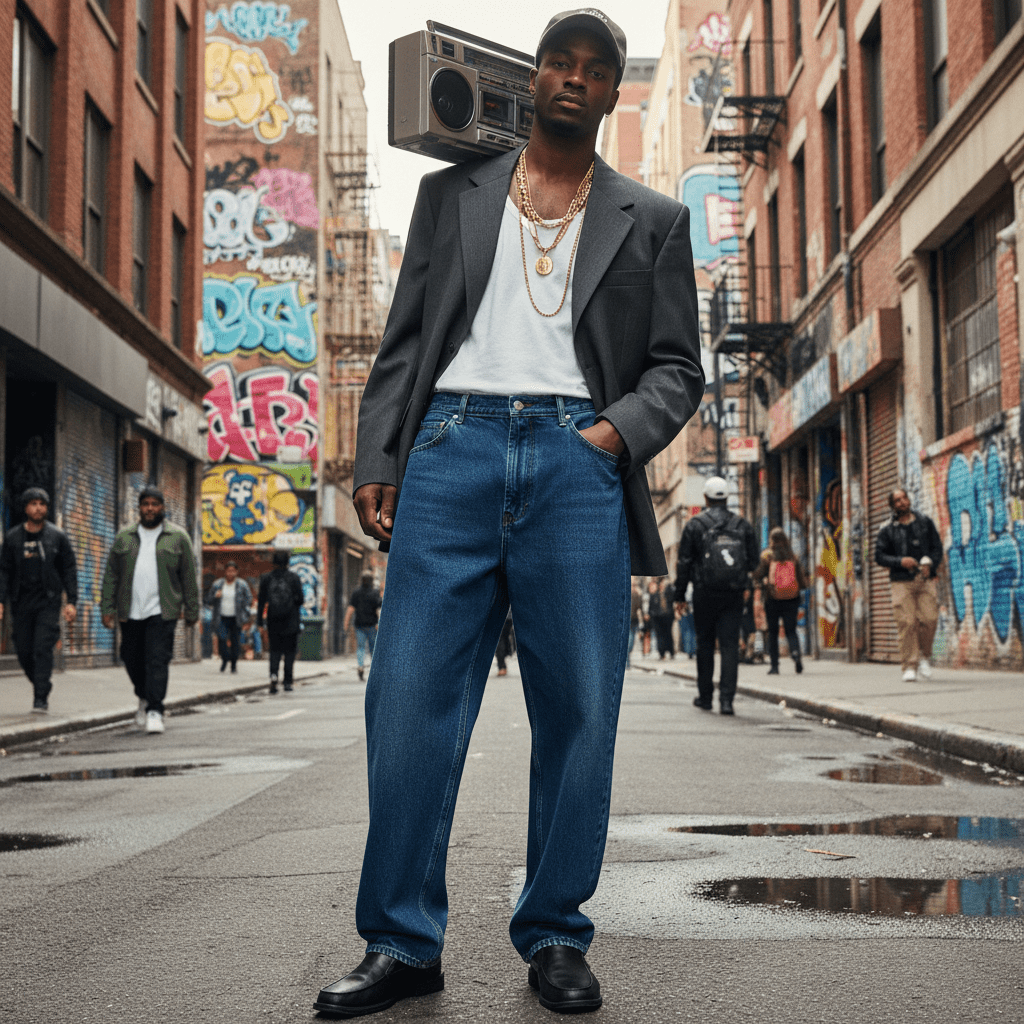 Model in organic cotton baggy jeans and charcoal blazer on a vibrant 2026 city street.