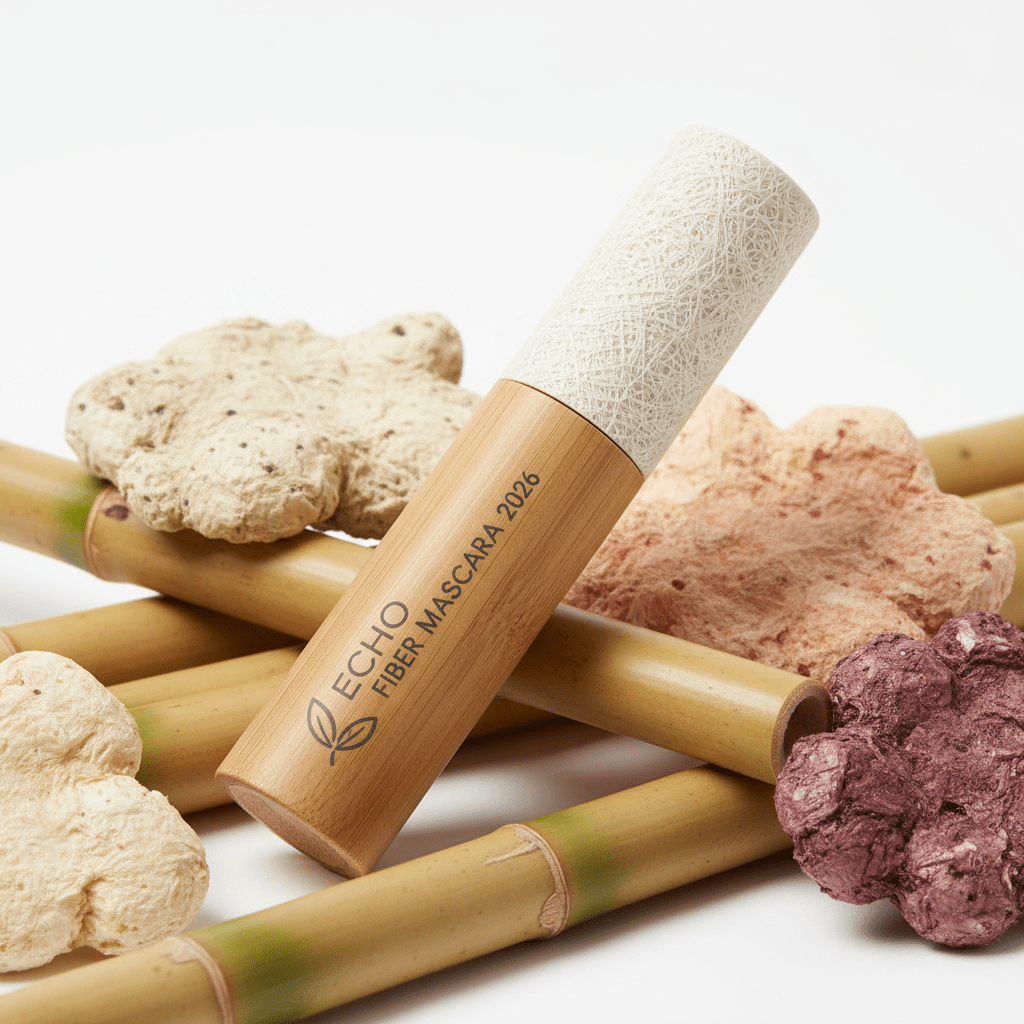 Eco-conscious mascara tube made of bamboo and cellulose fiber on raw bamboo stalks.
