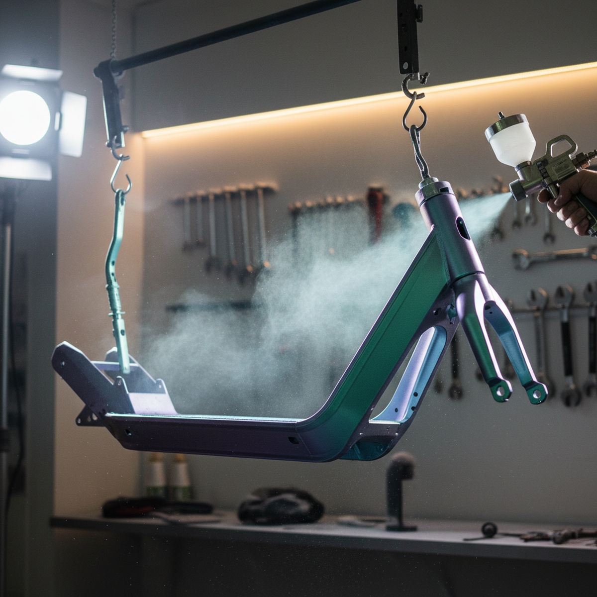 Urban scooter frame receiving iridescent chameleon powder coating in a workshop.