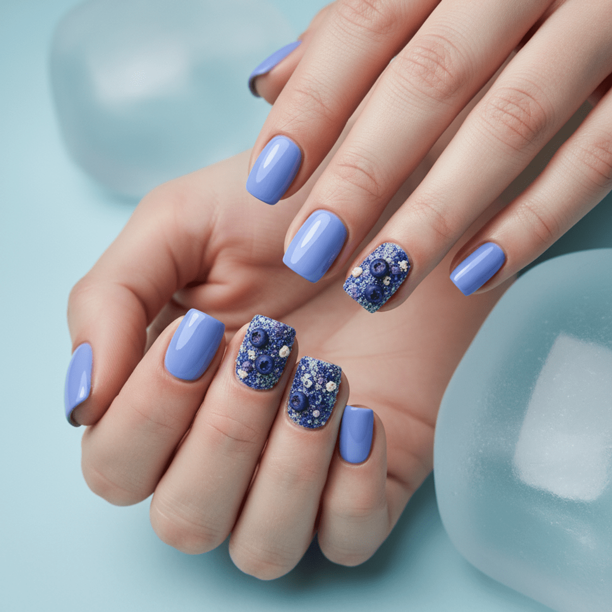 Gourmet periwinkle blue ice cream manicure with glitter and fimo blueberry slices.