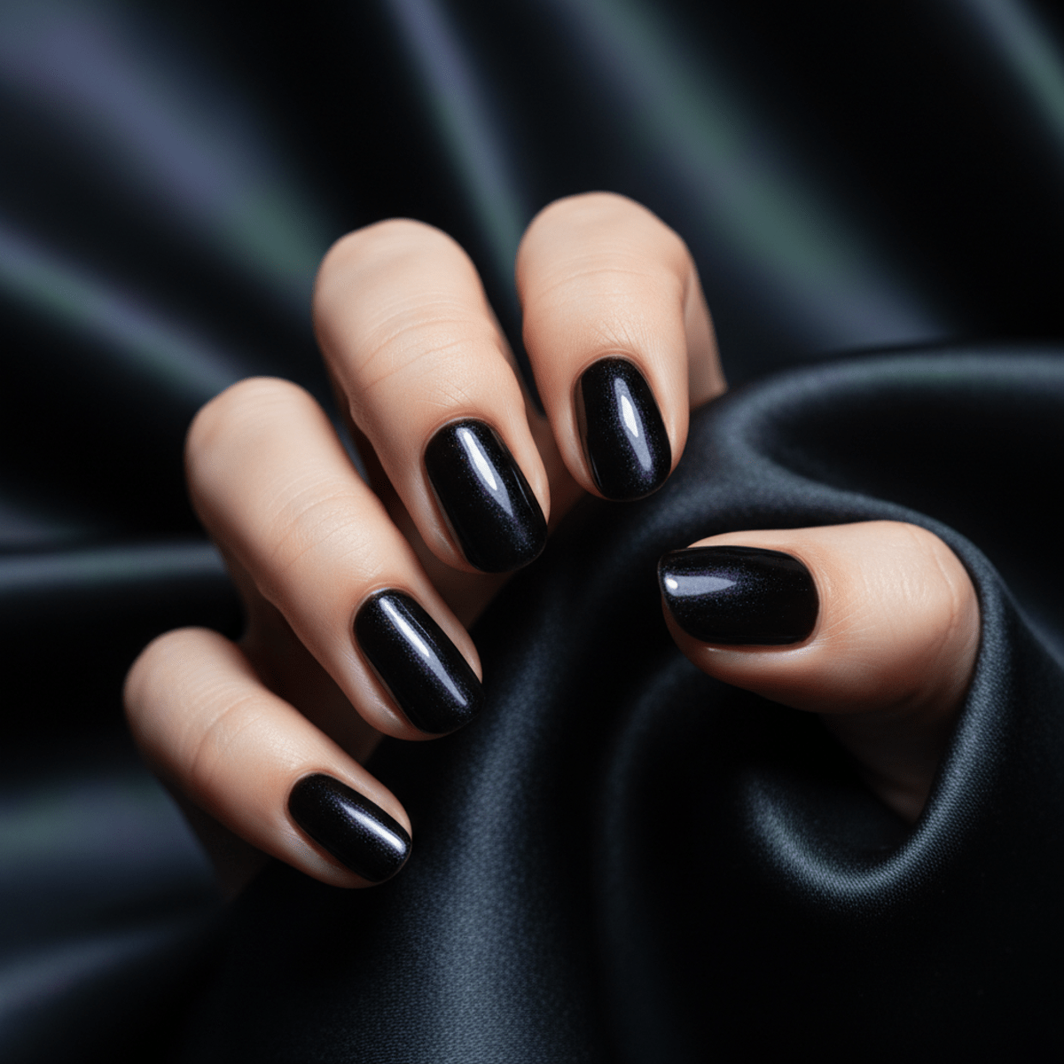 Oval nails with glossy black jelly polish and pearlescent glaze under studio lighting.