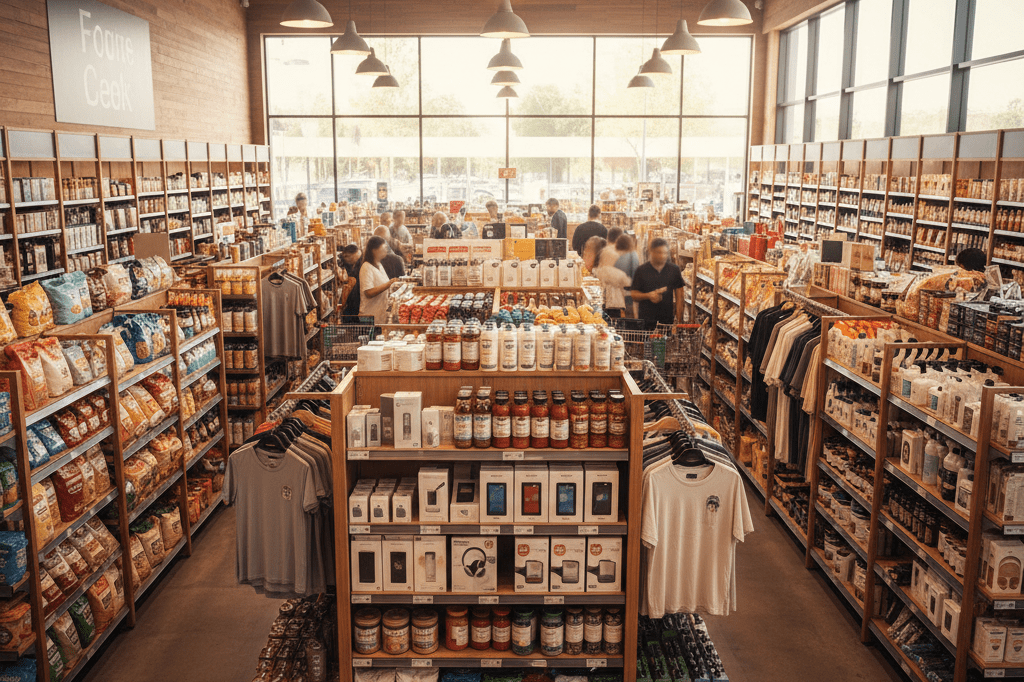 Interior of a busy retail shop with shoppers browsing well-stocked shelves under warm ambient lighting, reflecting economic growth