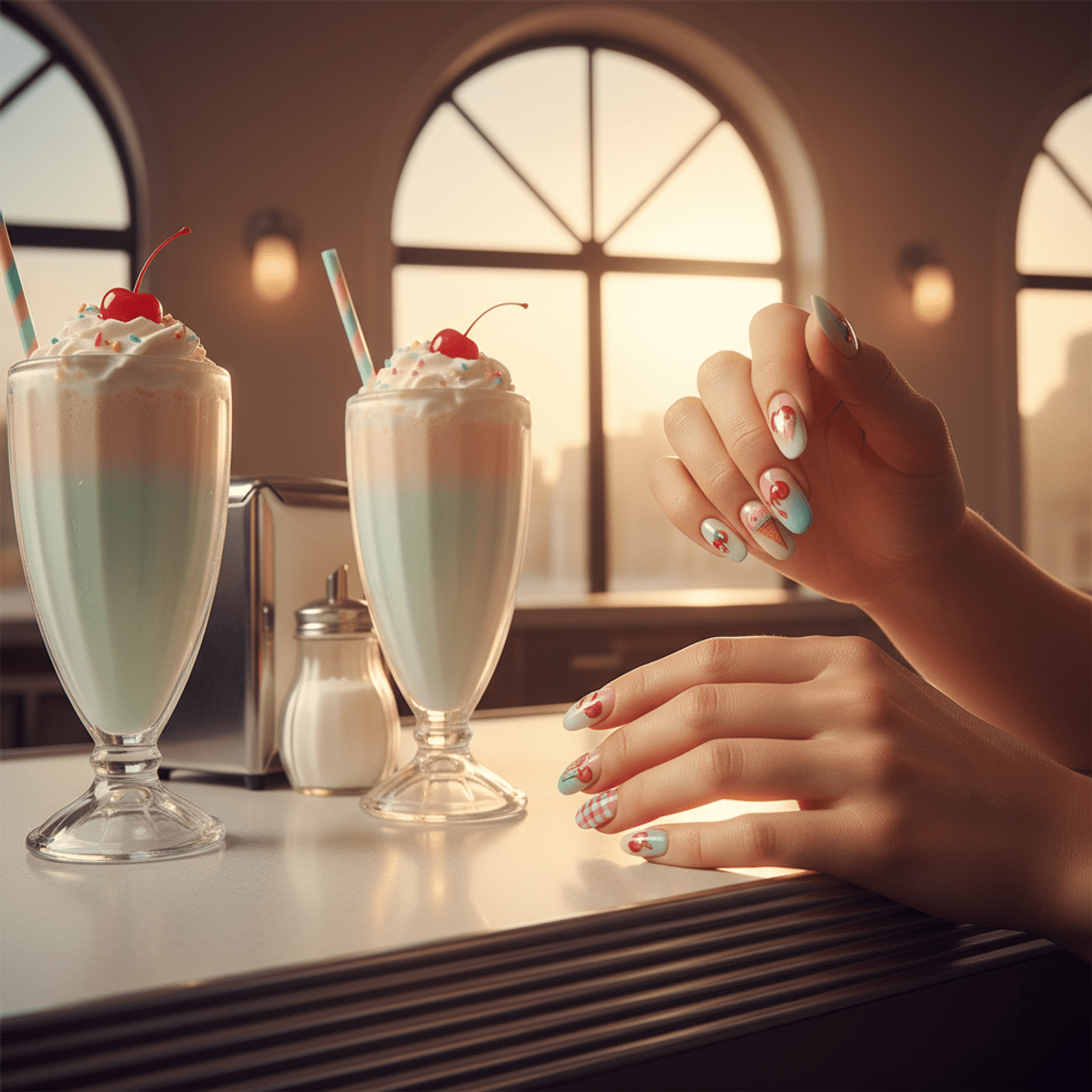 Pastel gradient ice cream manicure with cherry art and retro checkered patterns.