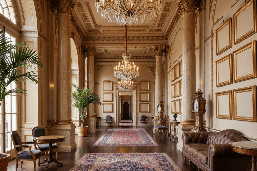 Opulent historic corridor symbolizing prestige and tradition Wide shot of a majestic corridor with tall ceilings, elegant decor, and warm lighting reflecting timeless sophistication