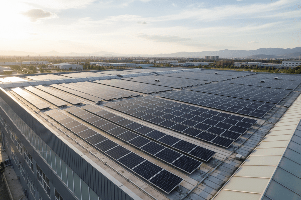 Wide shot of a manufacturing facility rooftop with solar panels under natural light, showcasing renewable energy adoption