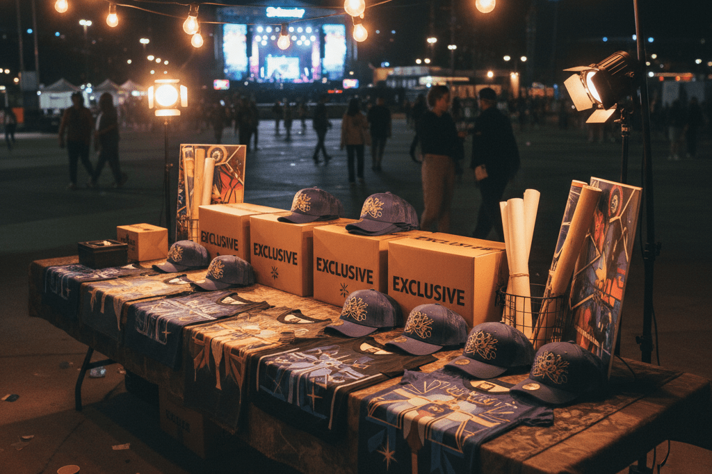 Wide shot of a concert merch booth displaying exclusive products, lit by warm ambient lights, emphasizing strategic scarcity marketing