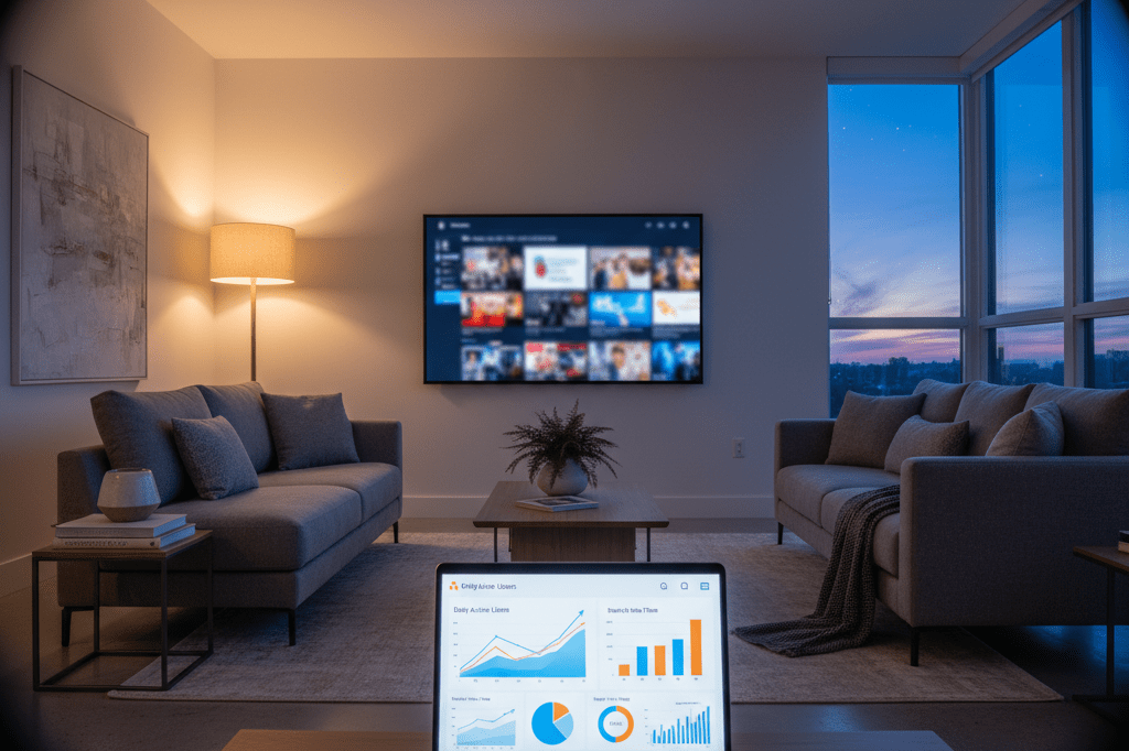 Modern living room with TV displaying streaming interface and laptop showing viewer engagement metrics under ambient lighting