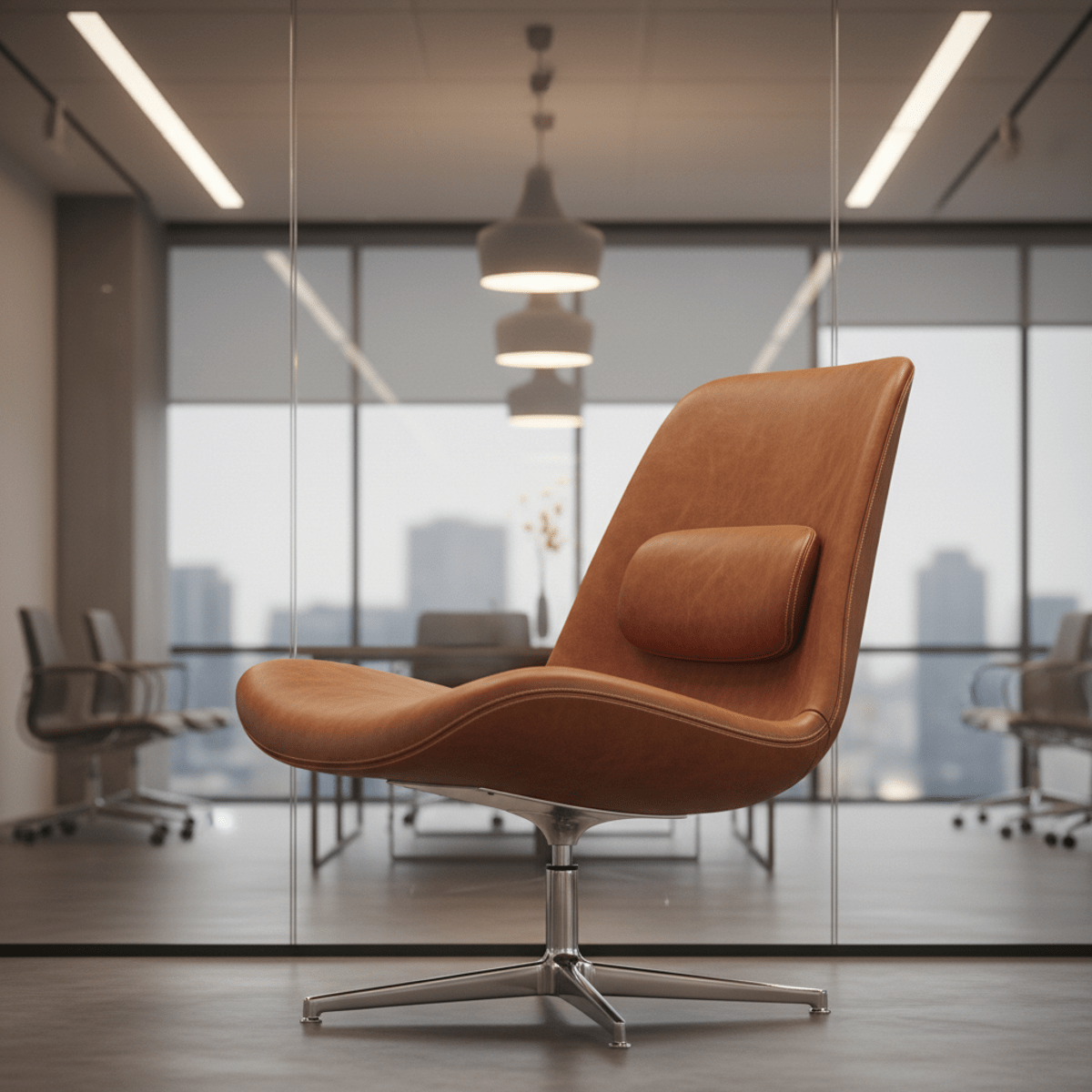 Refined ADHD chair in cognac leather with ergonomic lumbar support in a corporate setting.