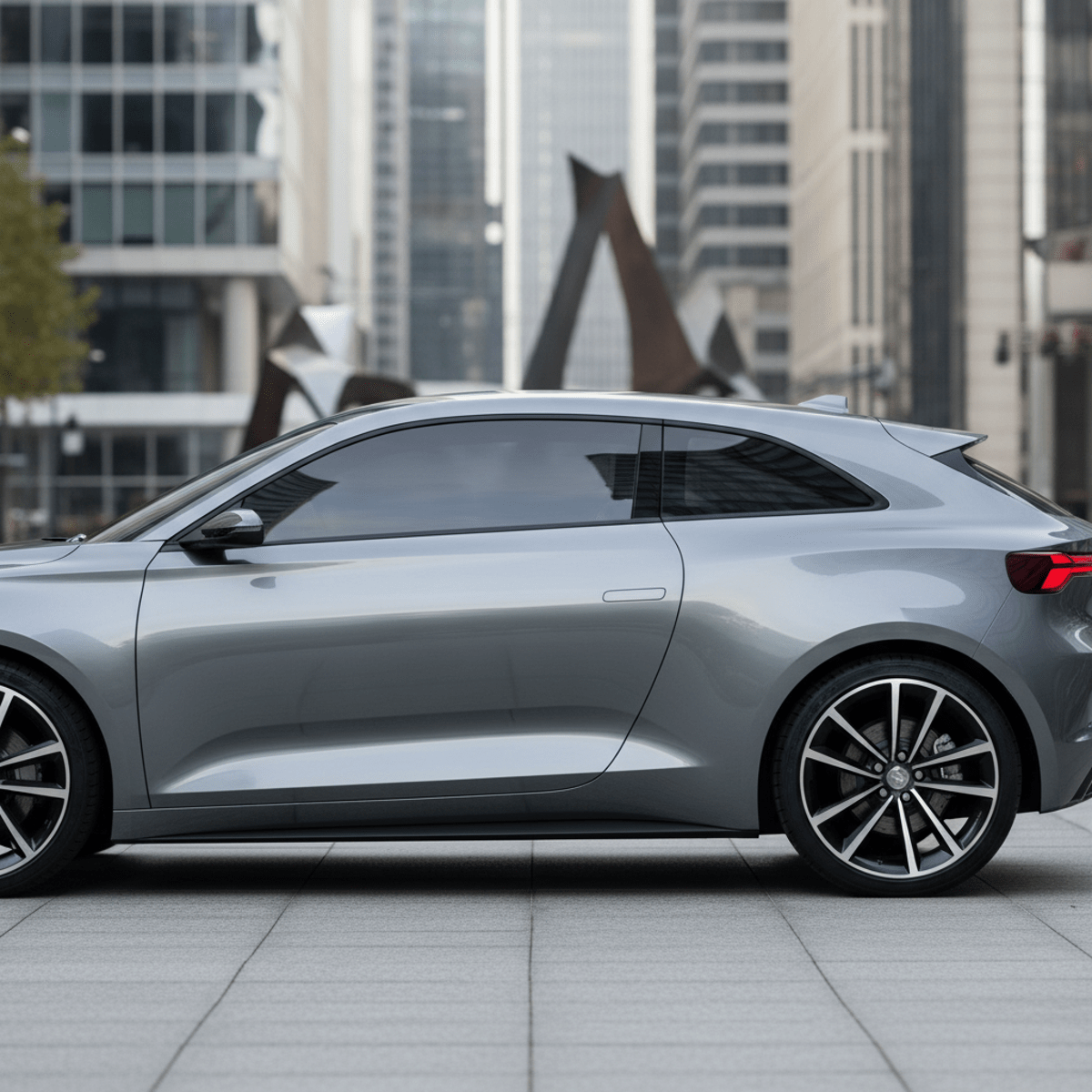 Sleek graphite subcompact car with hidden handles in modern urban setting.