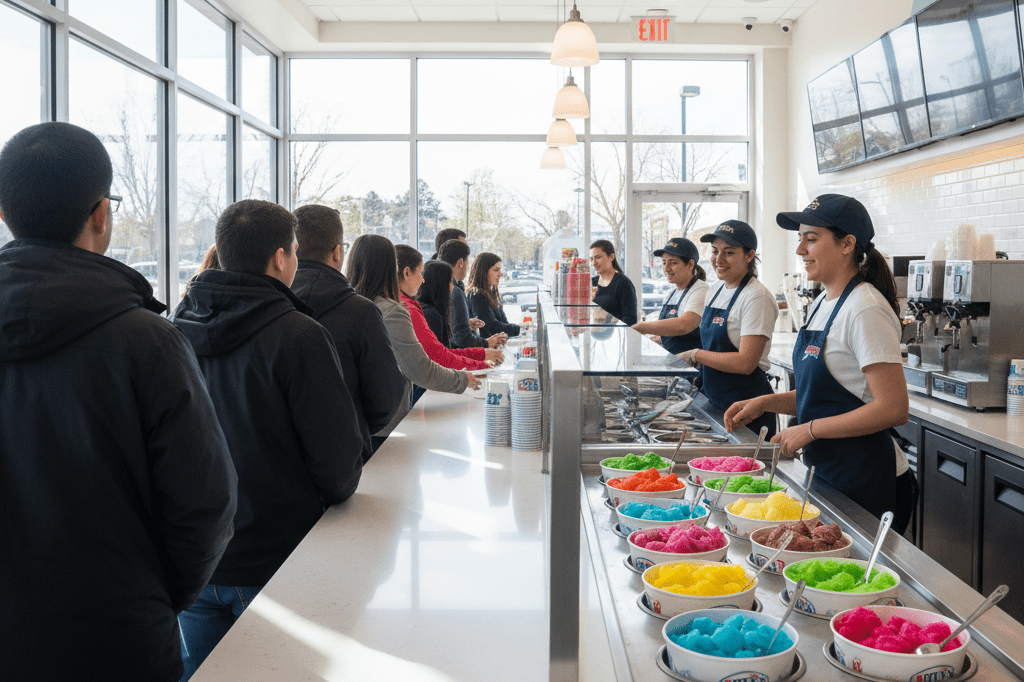 Busy dessert shop filled with customers enjoying colorful Italian ice treats under natural daylight
