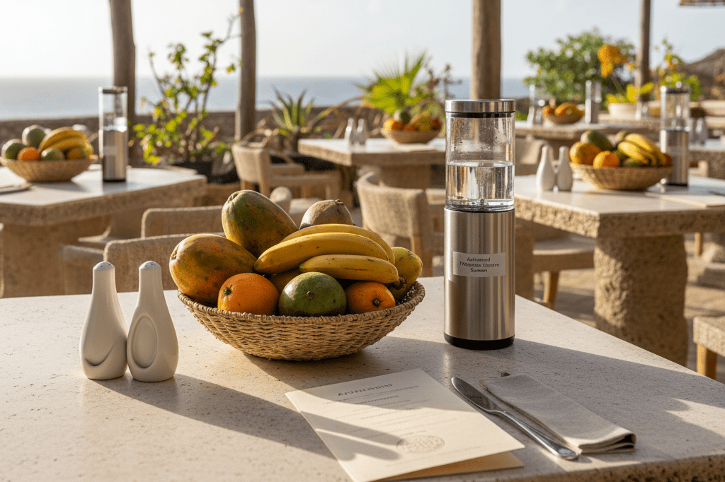 Sunlit medium shot of a clean Cape Verde restaurant terrace featuring filtration dispensers, local fruit, and hygiene certification signage