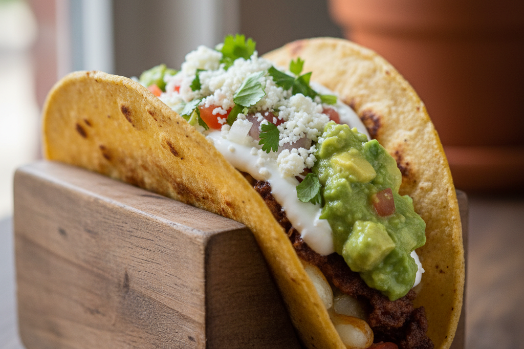 Close-up of a gourmet Queso Taco with guacamole, cotija, crema, onion, and cilantro on a handmade corn tortilla