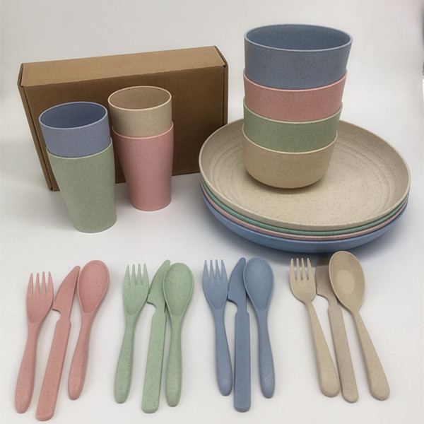 Экологически чистый многоразовый биоразлагаемый портативный Небьющийся набор посуды из пшеничной соломы в коробке на заказ