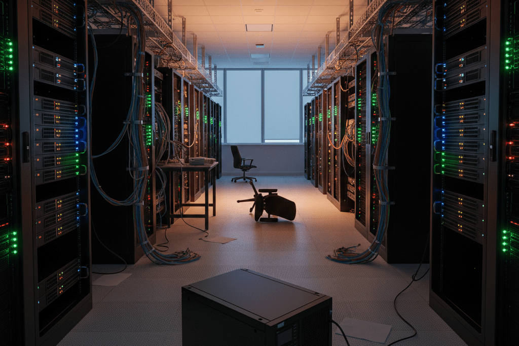 Empty server room with glowing indicators and scattered items showing effects of infrastructure disruption