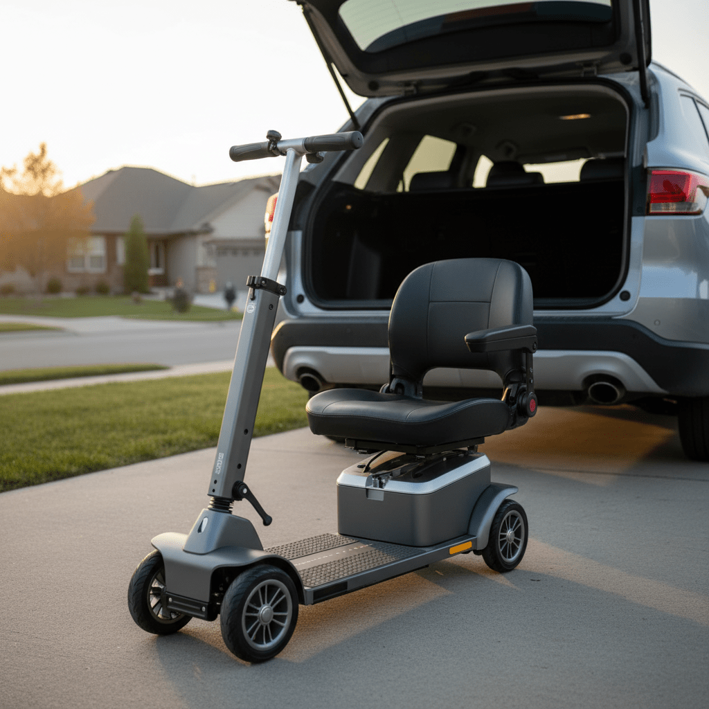 Lightweight scooter for easy car trunk storage Lightweight mobility scooter with minimalist design ready for car trunk storage.