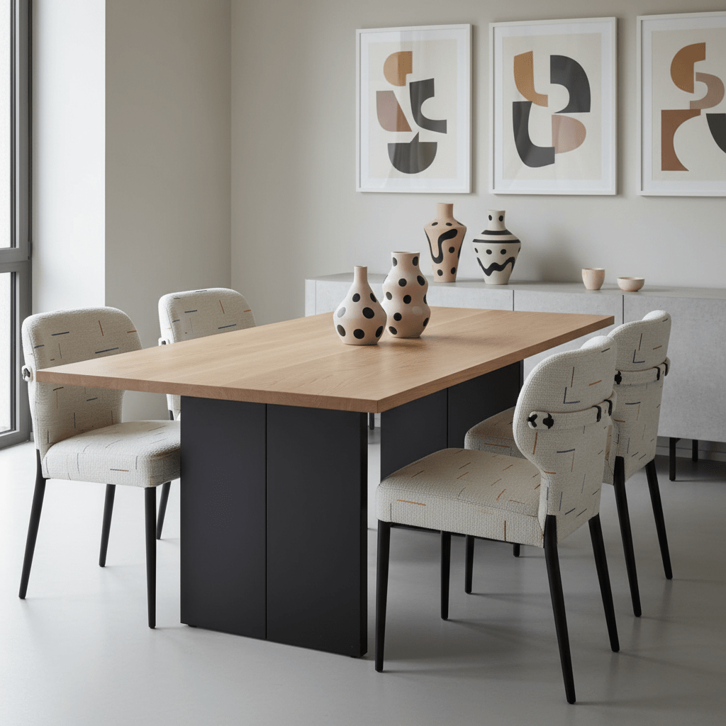 Modern dining room blends 80s Memphis style with minimalist design, featuring unique furniture.