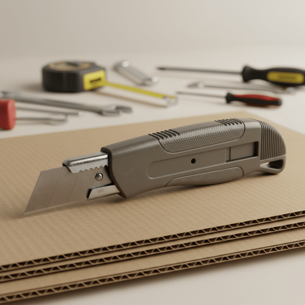 Close-up of a utility knife with textured grip on corrugated cardboard.