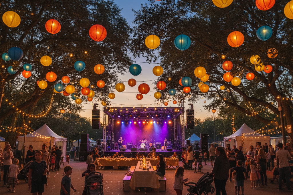 Outdoor venue blending lantern festival charm with concert setup Warmly lit outdoor event space featuring lanterns and stage equipment under twilight skies for diverse audience experiences