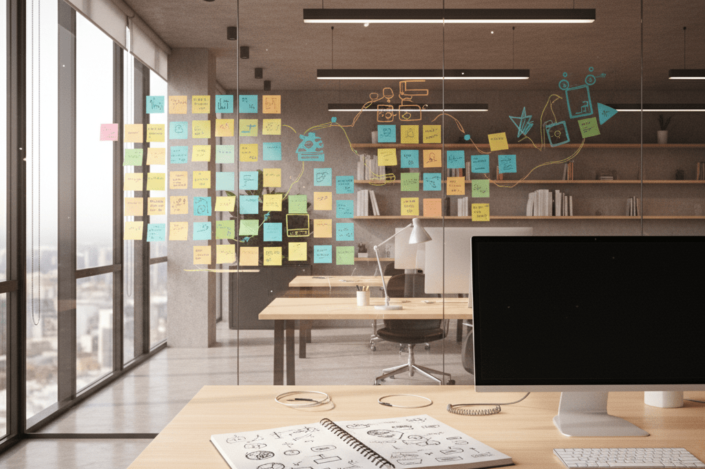 Modern office setup with sticky notes, notebooks, and tech accessories under natural light, highlighting innovative work culture