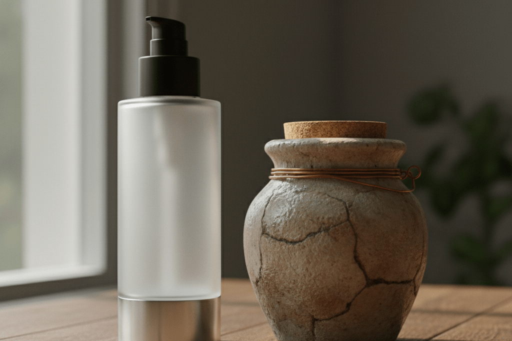 Two contrasting product containers on a wooden table lit by natural light, illustrating strategic versatility in branding