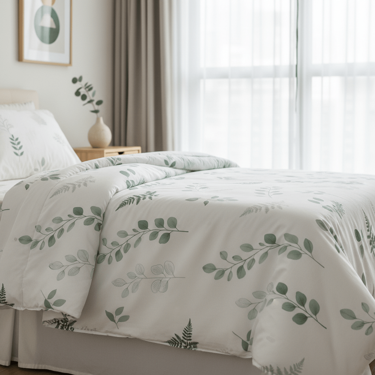 Neatly made bed with eucalyptus print comforter in soft green and white.