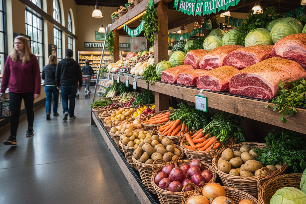 Wide shot of vibrant St. Patrick’s Day-themed grocery display showcasing fresh corned beef, cabbage, and complementary ingredients under warm natural light