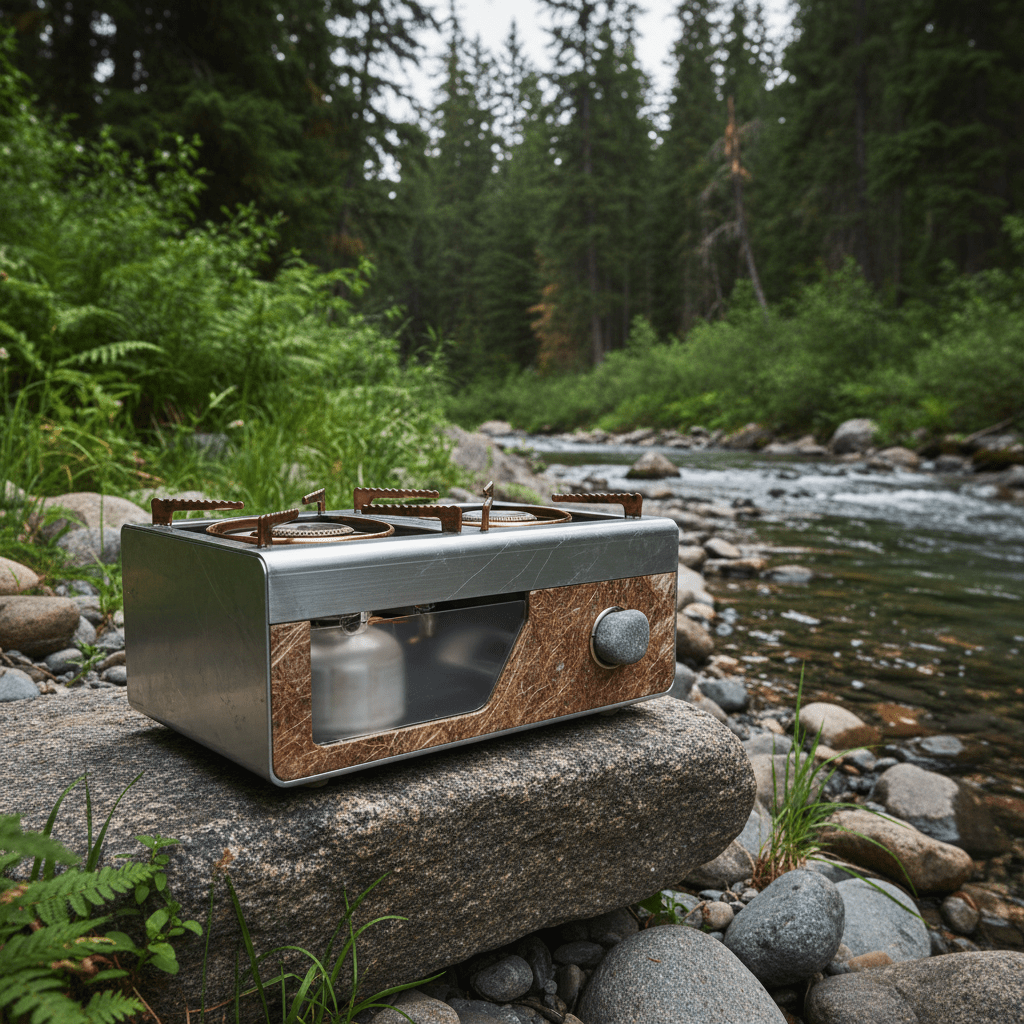 Portable gas range with textured recycled aluminum on a rocky riverside campsite.